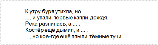 Text Box: К утру буря утихла, но ... .
..., и упали первые капли дождя.
Река разлилась, а ... .
Костёр ещё дымил, и ... .
..., но кое-где ещё плыли тёмные тучи.
