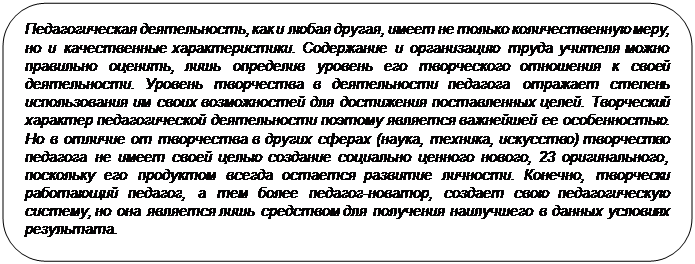 Скругленный прямоугольник: Педагогическая деятельность, как и любая другая, имеет не только количественную меру, но и качественные характеристики. Содержание и организацию труда учителя можно правильно оценить, лишь определив уровень его творческого отношения к своей деятельности. Уровень творчества в деятельности педагога отражает степень использования им своих возможностей для достижения поставленных целей. Творческий характер педагогической деятельности поэтому является важнейшей ее особенностью. Но в отличие от творчества в других сферах (наука, техника, искусство) творчество педагога не имеет своей целью создание социально ценного нового, 23 оригинального, поскольку его продуктом всегда остается развитие личности. Конечно, творчески работающий педагог, а тем более педагог-новатор, создает свою педагогическую систему, но она является лишь средством для получения наилучшего в данных условиях результата.