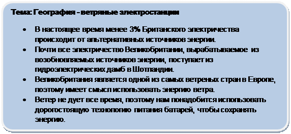 Скругленный прямоугольник: Тема: География - ветряные электростанции
•	В настоящее время менее 3% Британского электричества происходит от альтернативных источников энергии.
•	Почти все электричество Великобритании, вырабатываемое  из возобновляемых источников энергии, поступает из гидроэлектрических дамб в Шотландии.
•	Великобритания является одной из самых ветреных стран в Европе, поэтому имеет смысл использовать энергию ветра.
•	Ветер не дует все время, поэтому нам понадобится использовать дорогостоящую технологию питания батарей, чтобы сохранять энергию.
