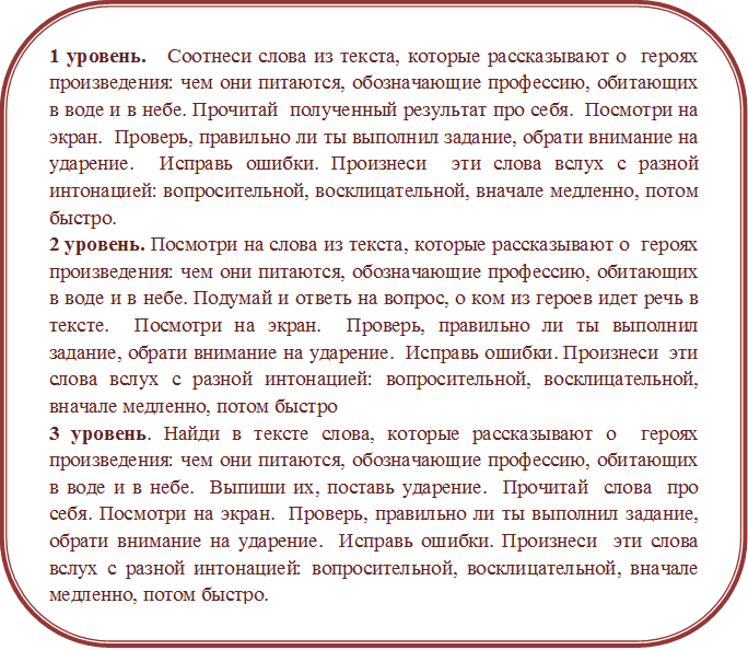 1 уровень.   Соотнеси слова из текста, которые рассказывают о  героях произведения: чем они питаются, обозначающие профессию, обитающих в воде и в небе. Прочитай  полученный результат про себя.  Посмотри на экран.  Проверь, правильно ли ты выполнил задание, обрати внимание на ударение.  Исправь ошибки. Произнеси  эти слова вслух с разной интонацией: вопросительной, восклицательной, вначале медленно, потом быстро.
2 уровень. Посмотри на слова из текста, которые рассказывают о  героях произведения: чем они питаются, обозначающие профессию, обитающих в воде и в небе. Подумай и ответь на вопрос, о ком из героев идет речь в тексте.  Посмотри на экран.  Проверь, правильно ли ты выполнил задание, обрати внимание на ударение.  Исправь ошибки. Произнеси  эти слова вслух с разной интонацией: вопросительной, восклицательной, вначале медленно, потом быстро
3 уровень. Найди в тексте слова, которые рассказывают о  героях произведения: чем они питаются, обозначающие профессию, обитающих в воде и в небе.  Выпиши их, поставь ударение.  Прочитай  слова  про себя. Посмотри на экран.  Проверь, правильно ли ты выполнил задание, обрати внимание на ударение.  Исправь ошибки. Произнеси  эти слова вслух с разной интонацией: вопросительной, восклицательной, вначале медленно, потом быстро.
•	Воробей Воробеич;
•	Ерш Ершович;
•	хлебца, крошки;
•	трубочист;
рыбы и птицы.
