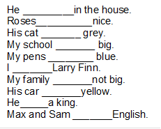 He _________in the house.
Roses__________nice.
His cat _______ grey.
My school _______ big.
My pens ________ blue.
I _______Larry Finn.
My family _______not big.
His car _______yellow.
He_____a king.
Max and Sam _______English.


