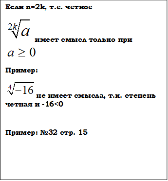 Если n=2k, т.е. четное
  имеет смысл только при  
Пример: 
 не имеет смысла, т.к. степень четная и -16<0

Пример: №32 стр. 15
