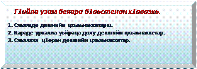 Багетная рамка:   Г1ийла узам бекара б1аьстенан х1аваэхь.
1. Схьаязде дешнийн цхьаьнакхетарш.
2. Караде урхалла уьйраца долу дешнийн цхьаьнакхетар.
3. Схьалаха  ц1еран дешнийн цхьаьнакхетар.
 




