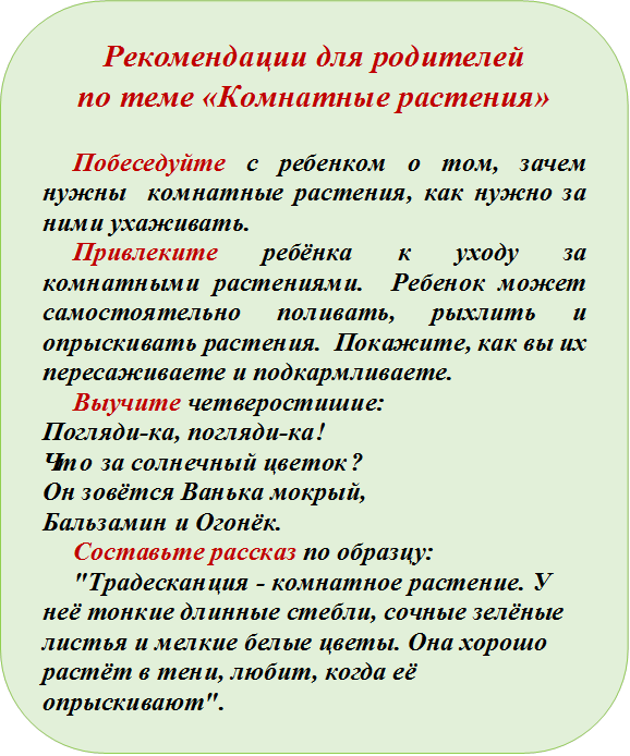 Рекомендации для родителей
по теме «Комнатные растения»

Побеседуйте с ребенком о том, зачем нужны  комнатные растения, как нужно за ними ухаживать. 
Привлеките ребёнка к уходу за комнатными растениями.  Ребенок может самостоятельно поливать, рыхлить и опрыскивать растения.  Покажите, как вы их пересаживаете и подкармливаете.
Выучите четверостишие:
Погляди-ка, погляди-ка!
Что за солнечный цветок?
Он зовётся Ванька мокрый,
Бальзамин и Огонёк. 
Составьте рассказ по образцу:
"Традесканция - комнатное растение. У неё тонкие длинные стебли, сочные зелёные листья и мелкие белые цветы. Она хорошо растёт в тени, любит, когда её опрыскивают".

