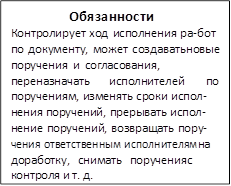 Обязанности Контролирует ход исполнения ра- бот по документу, может создавать новые поручения и согласования, переназначать	исполнителей	по поручениям, изменять сроки испол- нения поручений, прерывать испол- нение поручений, возвращать пору- чения ответственным исполнителям на доработку, снимать поручения с контроля и т. д.