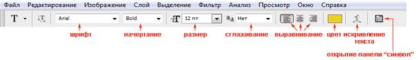 Панель параметров инструмента текст