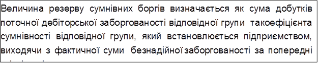 Величина резерву сумнівних боргів визначається як сума добутків поточної дебіторської заборгованості відповідної групи та коефіцієнта сумнівності відповідної групи, який встановлюється підприємством, виходячи з фактичної суми безнадійної заборгованості за попередні звітні періоди