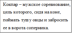 Кокпар – мужское соревнование, цель которого, сидя на коне, поймать тушу овцы и забросить ее в ворота соперника.

