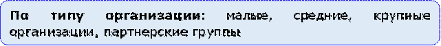 По типу организации: малые, средние, крупные организации, партнерские группы 