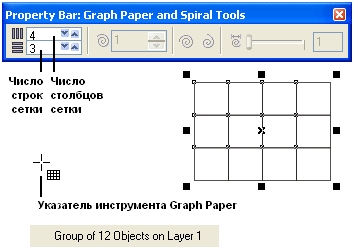 Панель атрибутов после выбора инструмента Graph Paper (Диаграммная сетка) и построенная им сетка
