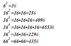 62 =36 
162 =16•16=256  
163 =16•16•16=4096  
164 =16•16•16•16=65536  
362 =36•36=1296  
662 =66•66=4356  
