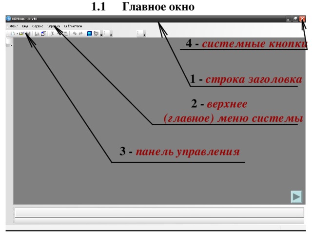 1.1  Главное окно 1.1  Главное окно 1.1  Главное окно 4 - системные кнопки 1 - строка заголовка  2 - верхнее (главное) меню системы 3 - панель управления 