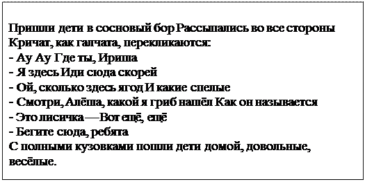 Надпись: Пришли дети в сосновый бор Рассыпались во все стороны Кричат, как галчата, перекликаются: 
- Ау Ау Где ты, Ириша 
- Я здесь Иди сюда скорей 
- Ой, сколько здесь ягод И какие спелые 
- Смотри, Алёша, какой я гриб нашёл Как он называется
- Это лисичка — Вот ещё, ещё
- Бегите сюда, ребята 
С полными кузовками пошли дети домой, довольные, весёлые.

