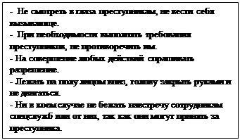 Надпись: -  Не смотреть в глаза преступникам, не вести себя вызывающе.
-  При необходимости выполнять требования преступников, не противоречить им. 
- На совершение любых действий спрашивать разрешение.
- Лежать на полу лицом вниз, голову закрыть руками и не двигаться.
- Ни в коем случае не бежать навстречу сотрудникам спецслужб или от них, так как они могут принять за преступника.

