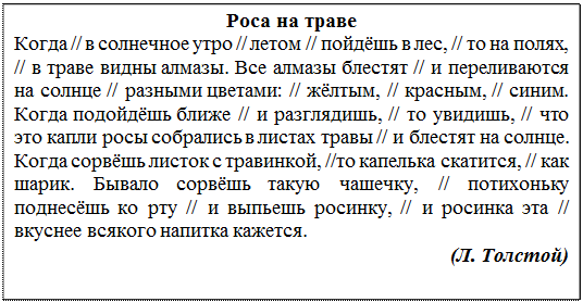 Надпись: Роса на траве
Когда // в солнечное утро // летом // пойдёшь в лес, // то на полях, // в траве видны алмазы. Все алмазы блестят // и переливаются на солнце // разными цветами: // жёлтым, // красным, // синим. Когда подойдёшь ближе // и разглядишь, // то увидишь, // что это капли росы собрались в листах травы // и блестят на солнце.
Когда сорвёшь листок с травинкой, //то капелька скатится, // как шарик. Бывало сорвёшь такую чашечку, // потихоньку поднесёшь ко рту // и выпьешь росинку, // и росинка эта // вкуснее всякого напитка кажется.
(Л. Толстой)
