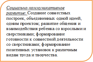 Социально-коммуникативное развитие: Создание совместных построек, объединенных одной идеей, одним проектом; развитие общения и взаимодействия ребенка со взрослыми и сверстниками; формирование готовности к совместной деятельности со сверстниками; формирование позитивных установок к различным видам труда и творчества.

