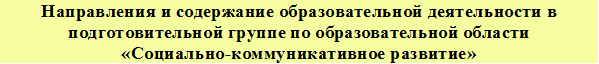 Направления и содержание образовательной деятельности в подготовительной группе по образовательной области
«Социально-коммуникативное развитие»
