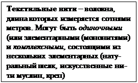 Надпись: Текстильные нити – волокна, длина которых измеряется сотнями метров. Могут быть одиночными (или элементарными (мононитями) и комплексными, состоящими из нескольких элементарных (нату- ральный шелк, искусственные ни- ти муслин, креп)