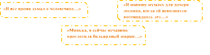 «Я все время думал о человечках…»,«Я напишу музыку для дочери лесника, когда ей исполнится восемнадцать лет…»,«Минька, я сейчас нечаянно проглотила бильярдный шарик…»

