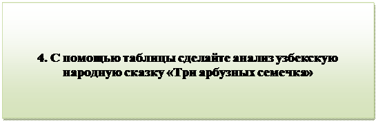 Надпись:                                 
4. С помощью таблицы сделайте анализ узбекскую народную сказку «Три арбузных семечка»

      
                                           
      

         


          

