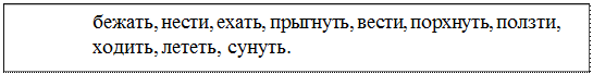 Надпись: бежать, нести, ехать, прыгнуть, вести, порхнуть, ползти, ходить, лететь, сунуть.