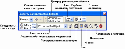 Панель атрибутов инструмента Interactive Extrude