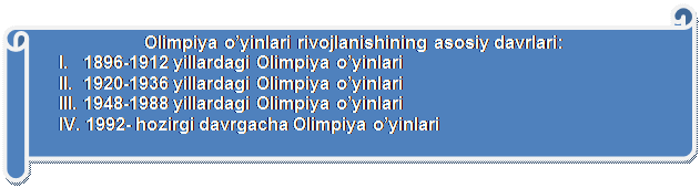 Горизонтальный свиток: Olimpiya o’yinlari rivojlanishining asosiy davrlari:
I.   1896-1912 yillardagi Olimpiya o’yinlari
II.  1920-1936 yillardagi Olimpiya o’yinlari
III. 1948-1988 yillardagi Olimpiya o’yinlari
IV. 1992- hozirgi davrgacha Olimpiya o’yinlari

