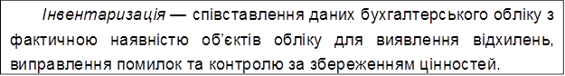 Інвентаризація — співставлення даних бухгалтерського обліку з фактичною наявністю об’єктів обліку для виявлення відхилень, виправлення помилок та контролю за збереженням цінностей.