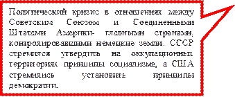 Политический кризис в отношениях между Советским Союзом и Соединенными Штатами Америки- главными странами, контролировавшими немецкие земли. СССР стремился утвердить на оккупационных территориях принципы социализма, а США стремились установить принципы демократии.

