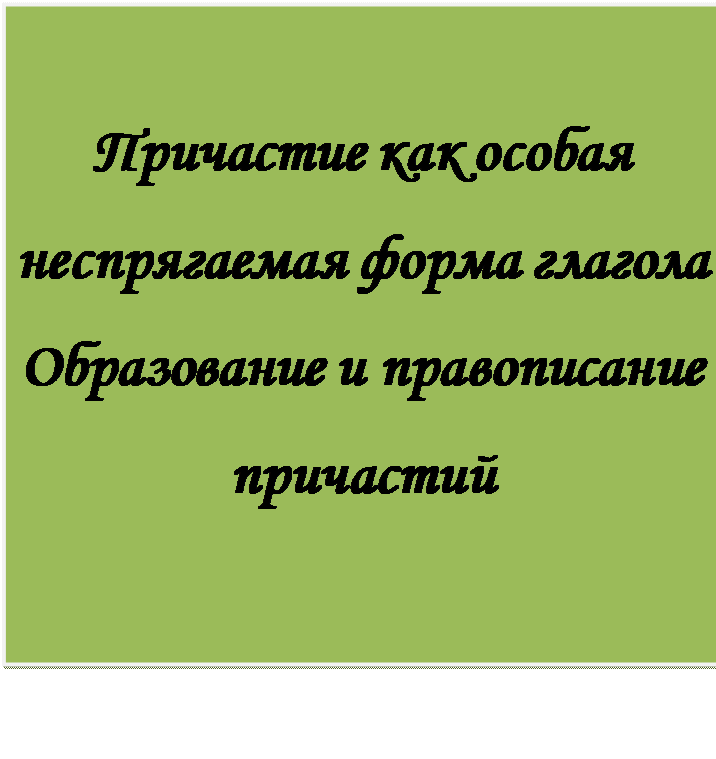 Надпись: Причастие как особая неспрягаемая форма глагола
Образование и правописание причастий

