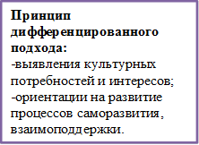 Принцип дифференцированного подхода:
-выявления культурных потребностей и интересов;
-ориентации на развитие процессов саморазвития, взаимоподдержки.


