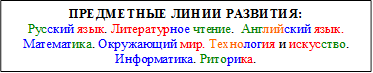 ПРЕДМЕТНЫЕ ЛИНИИ РАЗВИТИЯ:
Русский язык. Литературное чтение.  Английский язык. Математика. Окружающий мир. Технология и искусство. Информатика. Риторика.
Риторика

