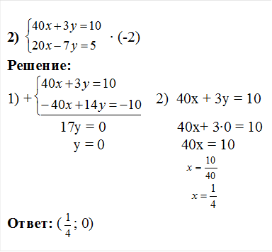 2)    ∙ (-2)
Решение: 
1) +     2)  40х + 3у = 10
              17у = 0			 40х+ 3∙0 = 10
у = 0			  40х = 10
			    
    
Ответ: ( ; 0)
