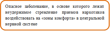 Опасное заболевание, в основе которого лежит неудержимое стремление приемов наркотиков воздействовать на «зоны комфорта» в центральной нервной системе