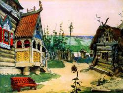 Заречная слободка Берендеевка. Эскиз декорации к опере «Снегурочка» (1885 г.)