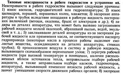 Неисправности в работе гидросистем вызывают следующие причины: 1) износ насосов, гидродвигателей или гидроаппаратуры; 2) износ цилиндров, поршней, поршневых колец, манжетов; 3) засорение аппаратуры и трубок вследствие попадания в рабочую жидкость посторонних включений (ветоши, окалины, брызг, от электродов и др.); 4) задиры на деталях аппаратуры, что может быть вызвано загрязнением рабочей жидкости мелкой окалиной, абразивной пылью, водой, эмульсией и т. д.; 5) заклинивание деталей аппаратуры из-за засорения рабочей жидкости или применения масла, не соответствующего паспорту гидропривода (некоторые масла в процессе работы выделяют смолистые вещества, осаждающиеся на деталях аппаратуры, стенках трубок); 6) проникновение воздуха в систему и рабочую жидкость, вызывающего скачкообразное перемещение узлов; 7) перегрев рабочей жидкости (при высокой температуре в помещении, наличии расположенных вблизи источников тепла, неправильном подборе рабочей жидкости, а также неправильном подборе насосов, гидромоторов, аппаратуры), вызывающий изменение вязкости рабочей жидкости, а значит уменьшение скорости движения рабочих органов; 8) засорение
