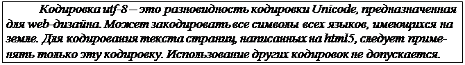 Надпись: Кодировка utf-8 – это разновидность кодировки Unicode, предназначенная для web-дизайна. Может закодировать все символы всех языков, имеющихся на земле. Для кодирования текста страниц, написанных на html5, следует приме- нять только эту кодировку. Использование других кодировок не допускается.
