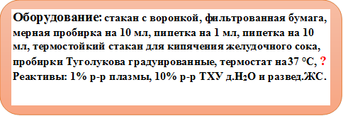 Оборудование: стакан с воронкой, фильтрованная бумага, мерная пробирка на 10 мл, пипетка на 1 мл, пипетка на 10 мл, термостойкий стакан для кипячения желудочного сока, пробирки Туголукова градуированные, термостат на 37 °С, ?                      ____________, горелка.
Реактивы: 1% р-р плазмы, 10% р-р ТХУ д.Н2О и развед.ЖС.                                                               
