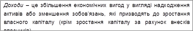 Доходи – це збільшення економічних вигод у вигляді надходження активів або зменшення зобов’язань, які призводять до зростання власного капіталу (крім зростання капіталу за рахунок внесків власників).