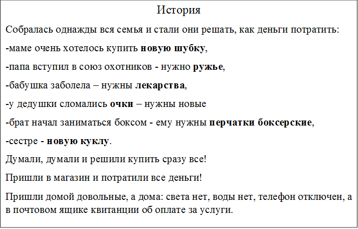 История
Собралась однажды вся семья и стали они решать, как деньги потратить:
-маме очень хотелось купить новую шубку,
-папа вступил в союз охотников - нужно ружье,
-бабушка заболела – нужны лекарства,
-у дедушки сломались очки – нужны новые
-брат начал заниматься боксом - ему нужны перчатки боксерские,
-сестре - новую куклу.
Думали, думали и решили купить сразу все!
Пришли в магазин и потратили все деньги!
Пришли домой довольные, а дома: света нет, воды нет, телефон отключен, а в почтовом ящике квитанции об оплате за услуги.
