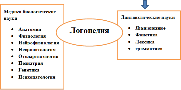 Лингвистические науки
•	Языкознание
•	Фонетика
•	Лексика
•	грамматика
,Медико-биологические науки 
•	Анатомия
•	Физиология
•	Нейрофизиология
•	Невропатология
•	Отоларингология
•	Педиатрия
•	Генетика
•	Психопатология 
,Логопедия