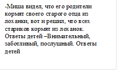 -Миша видел, что его родители кормят своего старого отца из лоханки, вот и решил, что всех стариков кормят из лоханок.                Ответы детей –Внимательный, заботливый, послушный. Ответы детей