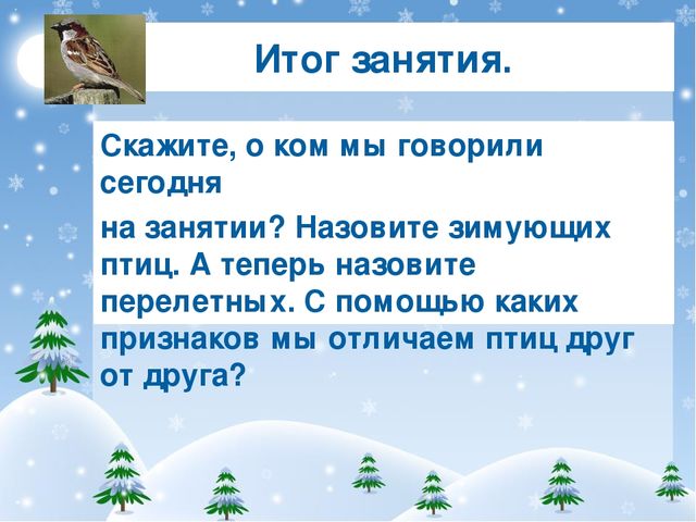 Итог занятия. Скажите, о ком мы говорили сегодня на занятии? Назовите зимующи...