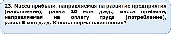 23. Масса прибыли, направляемая на развитие предприятия (накопление), равна 10 млн д.ед., масса прибыли, направляемая на оплату труда (потребление),
равна 5 млн д.ед. Какова норма накопления?



