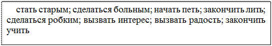 Надпись: стать старым; сделаться больным; начать петь; закончить лить; сделаться робким; вызвать интерес; вызвать радость; закончить учить