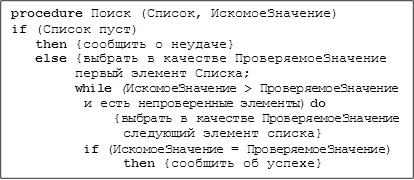 procedure Поиск (Список, ИскомоеЗначение)
if (Список пуст)
then {сообщить о неудаче}
else {выбрать в качестве ПроверяемоеЗначение первый элемент Списка;
while (ИскомоеЗначение > ПроверяемоеЗначение и есть непроверенные элементы) do
{выбрать в качестве ПроверяемоеЗначение следующий элемент списка}
if (ИскомоеЗначение = ПроверяемоеЗначение)
then {сообщить об успехе}
