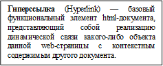 Гиперссылка (Hyperlink) — базовый функциональный элемент html-документа, представляющий собой реализацию динамической связи какого-либо объекта данной web-страницы с контекстным содержимым другого документа.