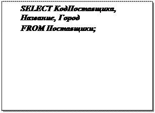 Надпись: SELECT КодПоставщика, Название, Город 
FROM Поставщики;
