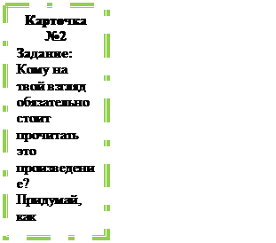 Надпись: Карточка №2
Задание: Кому на твой взгляд обязательно стоит прочитать это произведение? Придумай, как порекомендовать его этим людям.
____________________________________________
____________________________________________
____________________________________________
____________________________________________
____________________________________________
____________________________________________
________________________________________________________________________________________________________________________________________________________________________________
