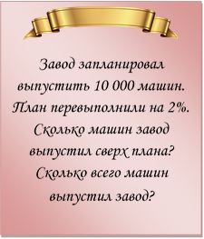  
Завод запланировал выпустить 10 000 машин. План перевыполнили на 2%. Сколько машин завод выпустил сверх плана? Сколько всего машин выпустил завод?
